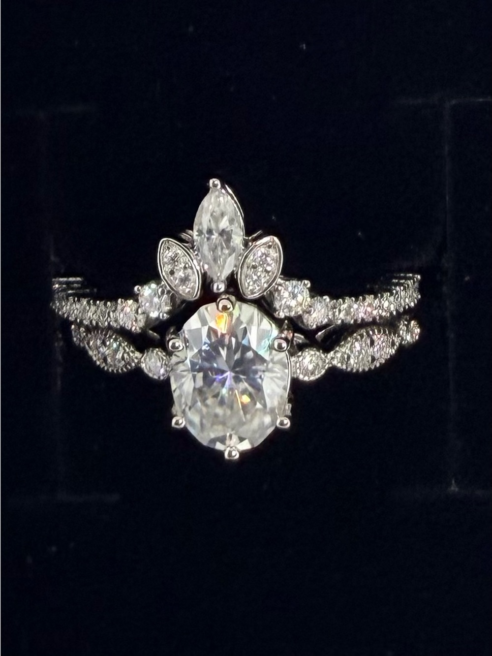 Oval Moissanite Bridal Ring Set with Marquise Crown Band Size 6.5